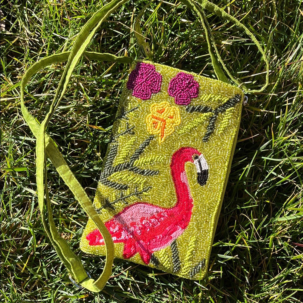 Flamingo Beaded and sequined Silk Crossbody Bag - Green and Pink